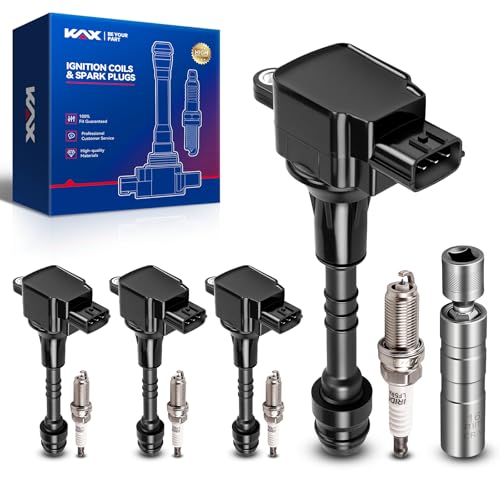 Image of KAX 4-Pack Ignition Coil Pack & Spark Plugs Kit w /Magnetic Socket Compatible with L4 1.8lL 2002-2006 Nissan Sentra, Replace#UF351 6376