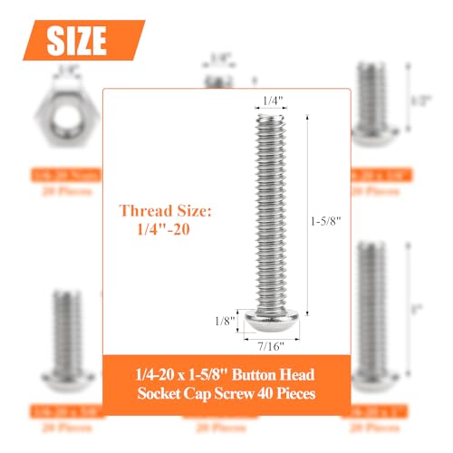 Image of 40 Pieces 1 /4-20 x 1-5 /8 inch Button Head Socket Cap Screws Bolts, HELIFOUNER 304 Stainless Steel (18-8) Screws, Bright Finish, Fully Threaded