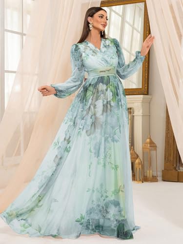 Image of TOLEEN Summer Casual Dresses for Women 2024 Spring Fashion Boho V Neck Long Sleeve Ruffle Floral Print Elegant Maxi Dress