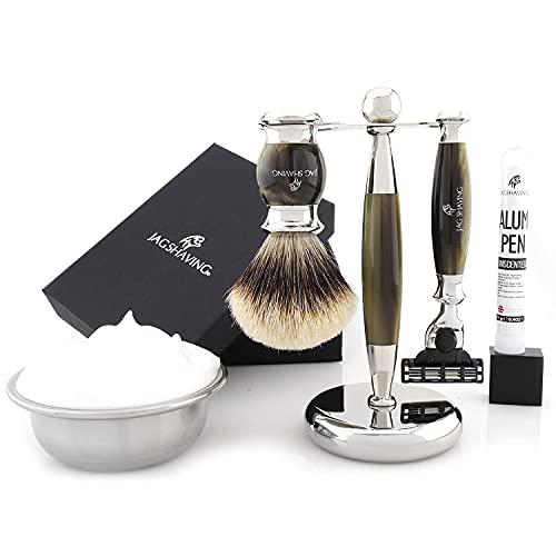 Jag Shaving Shaving Kit - 5 Piece Shaving Set - Jag's Lee Range - 3 Edge Shaving Blade Shaving Razor - Silvertip Badger Shaving Brush - Elegant Shaving Stand - Green Horn Imitation