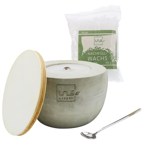 UNUS Beton-Feuer Outdoor Beton Kerze konisch groß, 100g Nachfüllwachs, Löschbrett und Löffel zum Nachfüllen, Tischkamin mit Dauerdocht, Tischfeuer Recycling Kerzenwachs