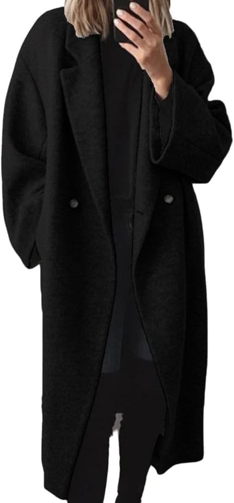 Womens Winter Pea Coat Notch Lapel Double Breasted Wool Blend Oversized Overcoat with Pockets-image-28
