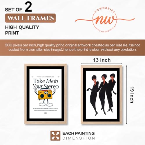 Image of NoWorries Retro Music and Fashion Disco Art Wall Painting | Vintage Stereo Quote & Dancing Silhouette Posters Frames | Premium 300 GSM Paper Print with Synthetic Wooden Frame | Modern Aesthetic Wall Decor for Living Room, Bedroom, Music Room & Office (Set of 2) (NATURAL, ART-6, 13X19INCHES)