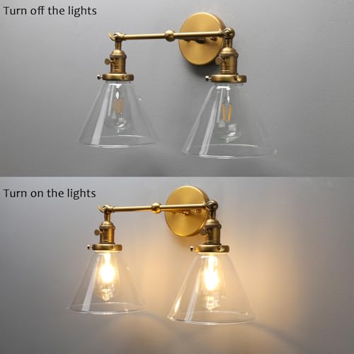 Image of PERMO Double Sconce Vintage Industrial Gold 2-Lights Wall Sconces with Funnel Flared Glass Clear Glass Shade Antique Scocne for Bathroom Living Room Home Office