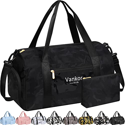 Bolsa de ginástica para mulheres com compartimento para sapatos, impermeável, bolsa esportiva para viagem, bolsa de viagem para viagem, viagem, viagem, viagem, viagem, viagem, viagem, viagem, ioga, praia, maternidade, hospital,, Camuflagem preta, Medium-17.50 Inch, Elegante