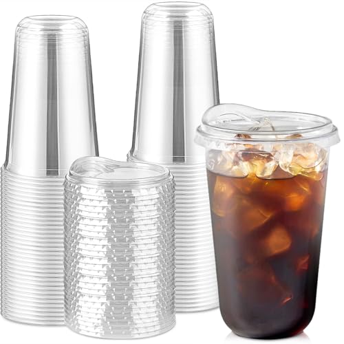 Jycnolm 18 Oz Round Bottom Clear Plastic Cups with Sip Lids 50 Sets Disposable Iced Coffee Cups with Strawless Lids To Go Cold Drink Cups for Smoothies Juices Party Catering