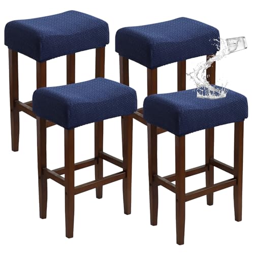 Image of Bar Stool Covers Rectangle Set of 4 Waterproof Navy Blue Jacquard Stretchable Backless Barstool Seat Cover Counter Bar Stool Slipcovers Washable