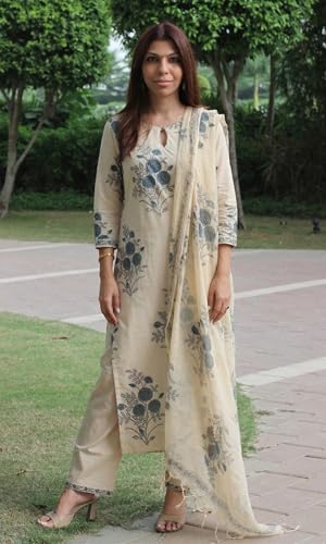 Image of GoSriKi Kurta Set for Women Viscose Blend Printed | Kurta Pant Dupatta Set for Woman | Round Neck 3 /4 Sleeve Straight 3 Piece Ethnic Dress Stylish Womens Clothing Outfit