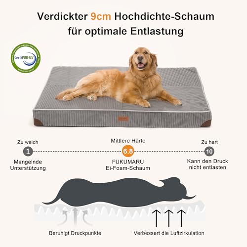 FUKUMARU Orthopädisches Hundebett - 91x56x9 cm, waschbares Hundekissen mit wasserdichter Gewebeschicht, kuschelige Hundematte, Hundematratze, Anti-Rutsch Hundecouch, grau.