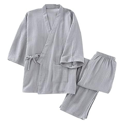 baskuwish Pajamas Set For Men Fashion Silk Short Robe Tops Pjs Pant 2pc Suit Cardigan Sweatpants Sleepwear Loungewear Outfits Gray Cover