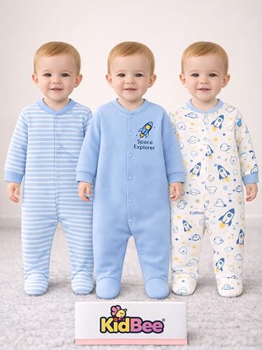 Image of Kidbee Baby Boys & Girls Full Sleeves Cotton Footed Romper Sleepsuit Pack of 3