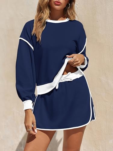 Fisoew Womens Sweatsuits 2 Piece Set Crewneck Sweatshirts High Waisted Skort Skirts Tennis Running Tracksuits Shorts Sets2