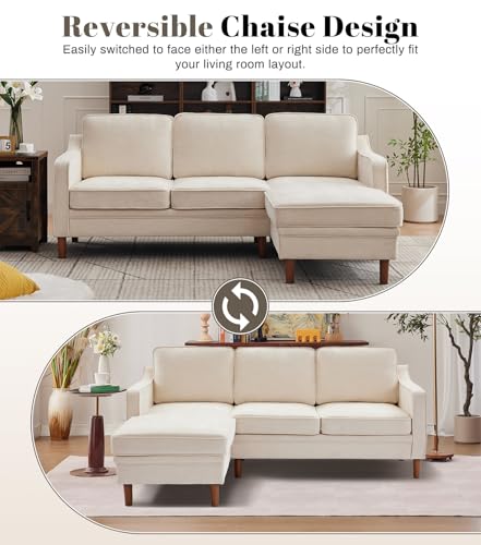 Image of Kingfun 88 inch L-Shape Sofa, Chenille Sectional Couch, Mid Century Modern Couches with Solid Wood Frame for Living Room Bedroom