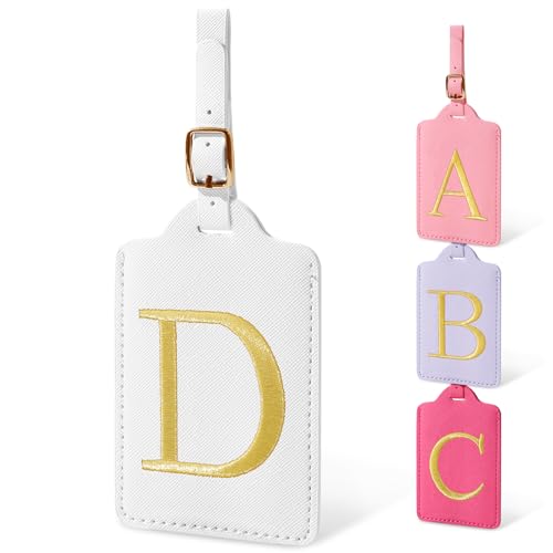 Image of Initial Letter Luggage Tags for Suitcases, Embroidered Monogrammed Suitcase Luggage Identifier Name Tag, PU Leather TSA Approved Luggage Tags, Bag Tags for Men Women Kids Luggage Handbags(White D)