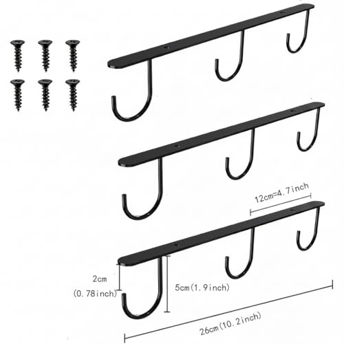 Image of Under Cabinet Mug Hooks - 3PCS Mug Holder Rack with 9 Hooks | Heavy Duty Screw Mount Coffee Cup Organizer | Space Saving Kitchen Storage for Mugs, Cups & Utensils (Black)