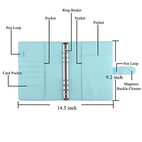 Antner A5 Pu Leather Binder (Mint Blue) Bundle | 12Pcs A5 Size Binder Pockets Multicolor Zipper #TOP1