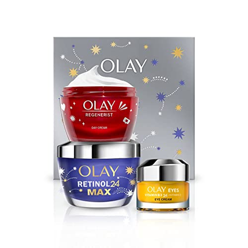 Olay Moisturiser Gift Box, Womens Skin Care Gift Sets and Kits, Vitamin C plus AHA 24 Eye Cream, Retinol 24 MAX Night Cream and Regenerist Face Cream for Smooth and Glowing Skin, 550g (Pack of 1)