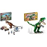 lego jurassic world sets uk producto 2: Incluye un juguete de dinosaurio T. Rex con ojos naranjas brillantes, patas y cabeza articuladas, grandes garras y una boca con dientes afilados que se abre