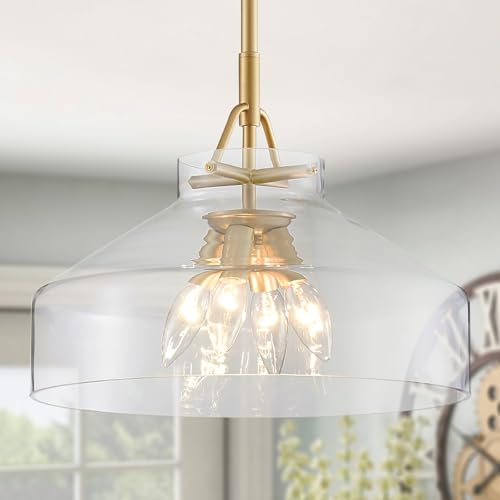 Image of WUZUPS Chandelier Rustic Farmhouse Industrial Round Ceiling Pendant LED Light Fixture with Clear Glass Shades for Dining Room Kitchen Island Foyer Entryway, H 11.8 inch W 15 inch, E26 Base, Gold