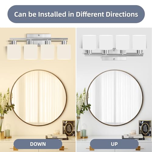 Image of CANMEIJIA 4-Light Bathroom Vanity Light Brushed Nickel E26 Glass Sconce | Modern Dimmable Milky White Shades with Waterproof Rust-resistant Finish for Mirror Restroom, Easy Installation