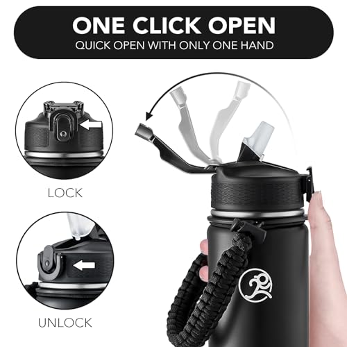 Image of GOSWAG 24oz Insulated Stainless Steel Travel Water Bottle, 2 Lids | with straw and no straw, Paracord handle, Double-wall vacuum keeps drinks cold or hot, Leakproof tumbler