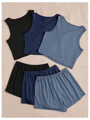 OYOANGLE Women's 6 Piece Summer Pajama Set Crop Tank Top and Shorts Pjs Lounge Set Sleepwear2