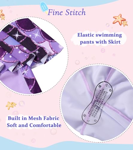 Image of Girls Long Sleeve Rashguard Half Zip Swimsuits UPF 50+ Two Piece Swim Sets with Hairband 5-12Y | Two Piece Swim Sets with Hairband