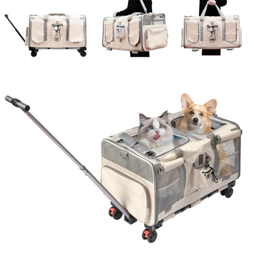 Große Katzentransportbox mit abnehmbaren Rädern, Faltbare Transportbox mit Zwei Fächern für Zwei Katzen, besonders gut belüftetes Design für...