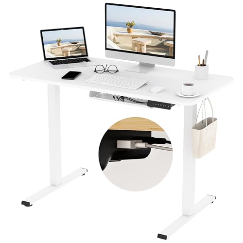 FLEXISPOT Electric Height Adjustable Standing Desk Sit Stand Desk Adjustable Desk Stand Up Desk with Cable Tray Backpack Hook Memory Smart Pannel EF1 Series(120 * 60cm, White Frame+White Desktop)