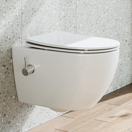 HOROW Dusch WC mit Integrierter Düse, Hänge WC mit Bidet Funktion, Taharet WC mit Nanobeschichtung, WC Dusche mit Armatur, WC Sitz mit Absenkautomatik, Kalt Wasser, 53×36×35 cm