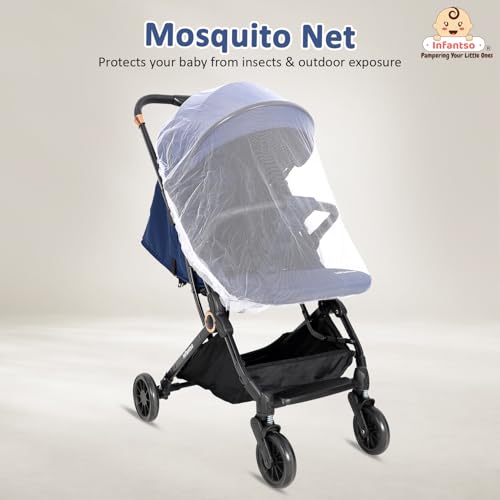 Image of Infantso RIDE-X Premium Baby Stroller / Pram Auto Fold with 5 Points Safety Harness, Multi Level seat Recline & Spacious Cushioned seat, One-Hand Fold and 360 Rotating Wheels, Travel Friendly, Extendable Canopy, Adjustable Footrest, Shock Absorption Wheels, Lightweight Stroller for 0 to 3 Years (Blue)