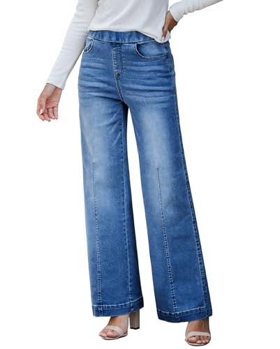 Vetinee Jeans Straight Damen Jeans Wide Leg Damen Klassisch Blau Größe Large Passt EU Größe 42 bis EU Größe 44