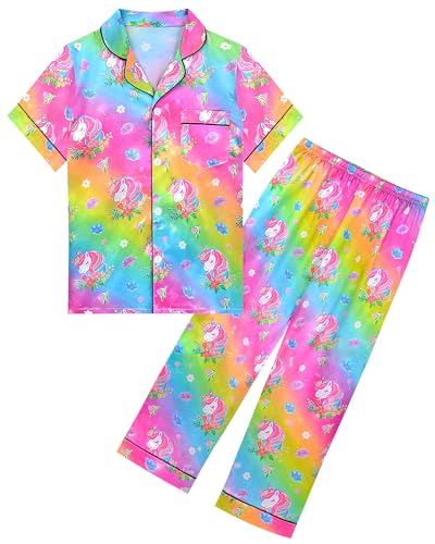 Nidoul Girls Pajamas Silky Short Sleeve Long Pants Cute Jammies Satin Sleepwear Pjs Set for Toddler Kids 3T-10Y