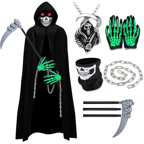 YADODO Sensenmann Kostüm Herren Damen Erwachsene mit Sense Schädelmaske Handschuhen Halloween Kostüm Herren Sensenmann Umhang Samt Schwarzer Robe mit Kapuze Männer Frauen Teenager Halloween