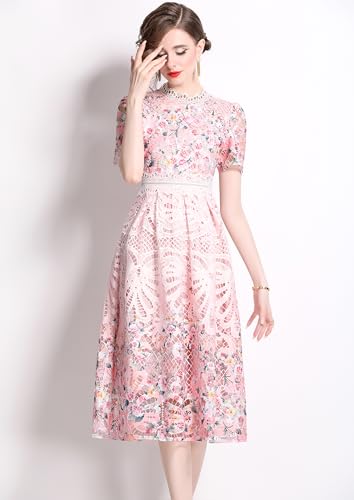 Image of LAI MENG FIVE CATS Women's Lace Floral Short Sleeve Crochet Waist Cocktail Midi Dress