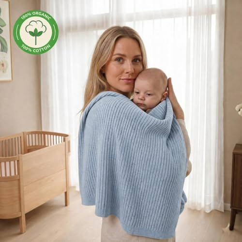 Image of 100% Organic Cotton Knit Receiving Baby Blanket for Newborns - Soft, Breathable Blanket for Crib & Stroller - Nursery Gift 2-Pack (Ribbed Ivory & Baby Blue)