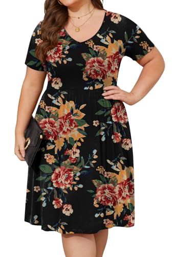 Image of DB MOON Women Plus Size Dresses 2026 Summer Casual V Neck Short Sleeve Knee Length Dress with Pockets