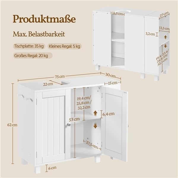 Yaheetech Waschbeckenunterschrank, Unterschrank, Badezimmerschrank mit 2 Türen, rechts oder Links austauschbar, Badschrank, höhenverstellbare Ablage, Weiß, 75x30x62 cm