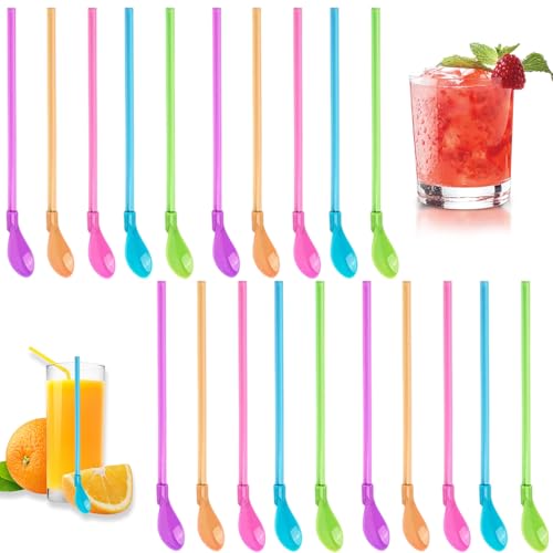 Fonyiunce 20 Pièces Pailles Cuillère Réutilisable, Pailles Cuillère, Cuillères à Paille Plastique Coloré, Paille Smoothie, Cuillères Colorées 2 en 1,...
