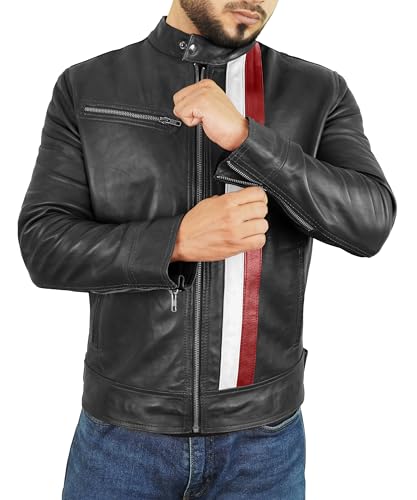 Leather Motorcycle Jacket Men - Cafe Racer Stripe Biker Style Real Leather Jacket Men3