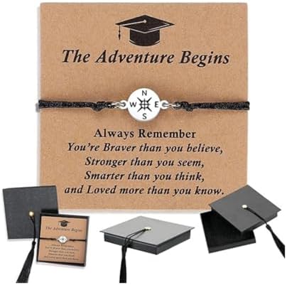 Graduation Commemorative Bracelet 2026, Compass Bracelet for Women Men, Adjustable Graduation Gift with Cap Gift Box, Inspirational Quote Card, Senior Graduate Keepsake Jewelry (B)