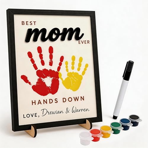 Mothers Day Gifts for Mom 10 Hands Down Best Mom Ever Sign DIY Handprint Kit with Paints & Markers Personalized Keepsake Gift for Mothers Day Birthday Craft Family Plaque with Daughter Son Name
