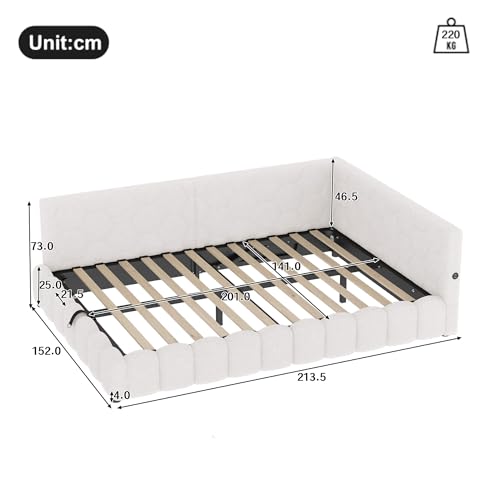 HYUB Polsterbett 140x200 cm, Tagesbett Doppelbett mit Rückenlehne und Bettkasten, Hydraulisches Bett mit Beleuchtung und Lattenrost, für Schlafzimmer und Gästezimmer, Vliesimitat, Weiß – Bild 3