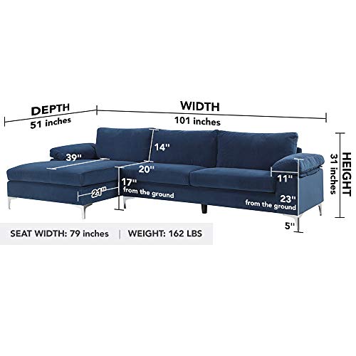 Divano Roma Furniture Modern Large Velvet Fabric Sectional Sofa, L-Shape Couch with Extra Wide Chaise Lounge (Navy)