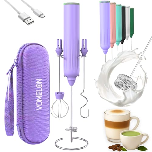 Milk Frother Handheld with 3 Stainless Steel Whisks, Rechargeable Electric Drink Mixer with Stand & Travel Case, Milk Foamer for Coffee, Latte, Cappuc