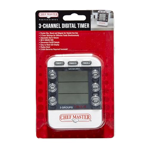 3-Channel Digital Timer by Chef Master, Triple Channel Count Up/Down Kitchen Digital Timer for Cooking, Roasting, Grilling, Marinade, Boiling, Baking, Pocket Clip, Stand & Magnet for Hands Free -90271 by Chef Master - Used condition - US$10.00