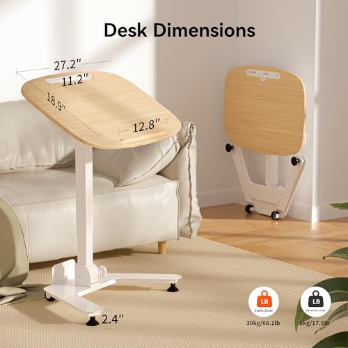 Image of WALKINGDESK Folding Pneumatic Height Adjustable Mobile Standing Desk with 90 Tiltable Tabletop, 27.2x18.9 Inch Portable Laptop Desk with Wheels, Holds Up to 66.1lbs for Home Office, Study, Oak