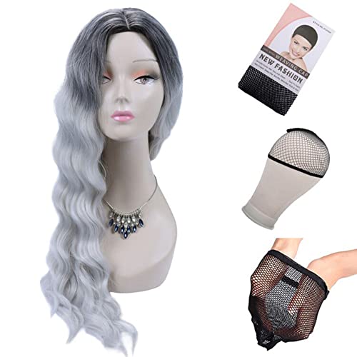 Gowit 30 Inch Long Wavy Wigs For Women Middle Part Curly Wave Hair Wig Dark Roots Grey Body Wave Wigs Natural Looking Heat Resistant Synthetic Full Wigs For Daily Party Cosplay Costumes(30",1B/Grey) #TOP6