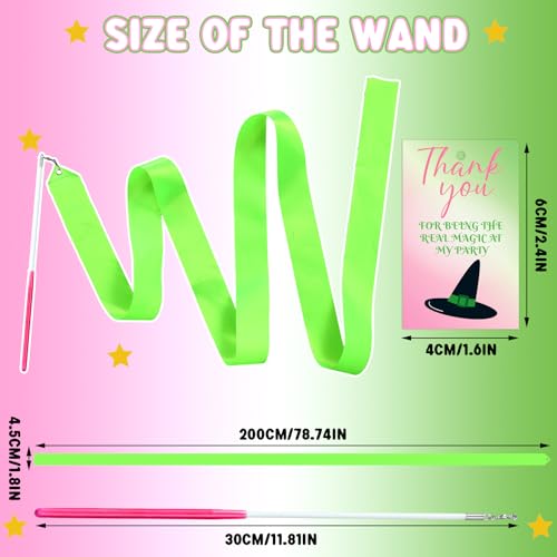 Image of Soulchen 20 Pack Pink and Green Witch Party Favors Witch and Theme Wands with Thank You Cards Pink Green Dance Ribbons Birthday Party Favors Dance Streamers Gift(Magic)