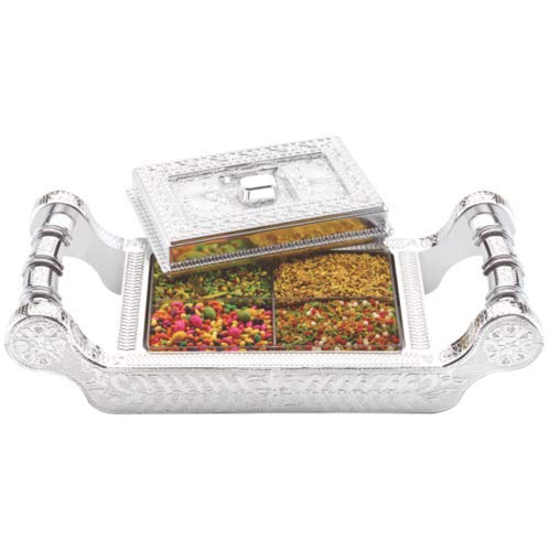 MEMON ARIF Abdulla Silver 4 Slot Decorative Box for Dry Fruit Mukhvas Storage & Decoration Gift Box for Wedding Box for Storage, Gift (Rectangle) (Dry Fruit Box)-SBF-123